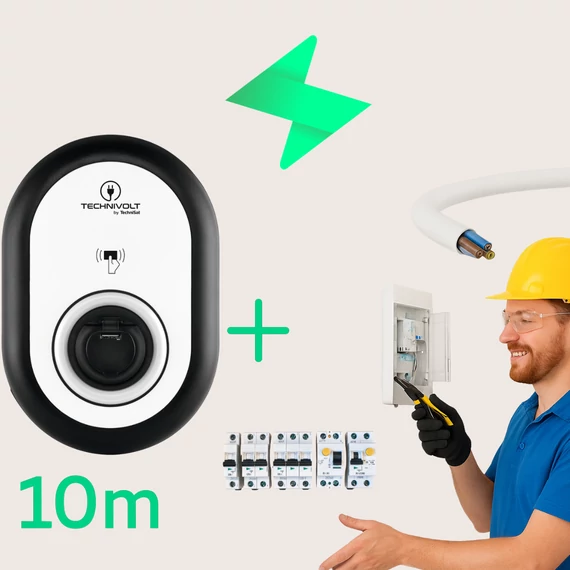 11 kW fali töltő + telepítés – kulcsrakészen (Technisat Technivolt 100 fali töltő + villanyszerelés + védelmek + 10M kábelút) 